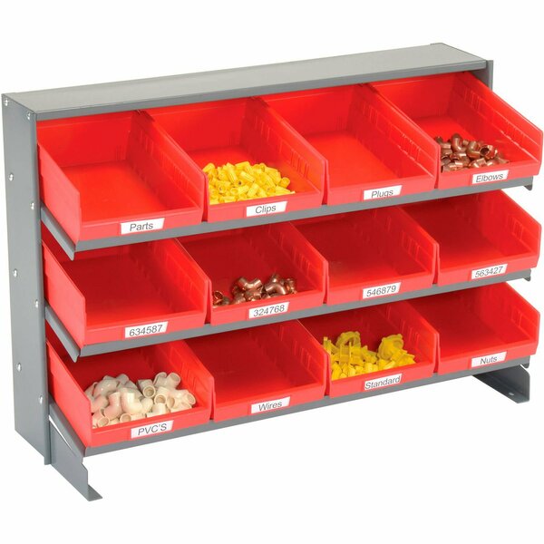 Global Industrial 3 Shelf Bench Pick Rack, 12 Red Plastic Shelf Bins 8 Inch Wide 33x12x21 603423RD